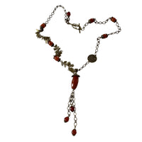 Antique Brass Chain and Carnelian Stone Pendant Necklace with Leaf Toggle Clasp-Necklaces- Creative Jewelry by Marcia